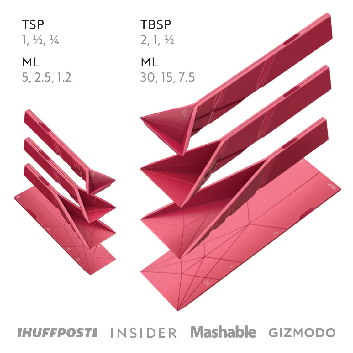 Red Polygons measuring spoons shown flat and folded into six measuring sizes