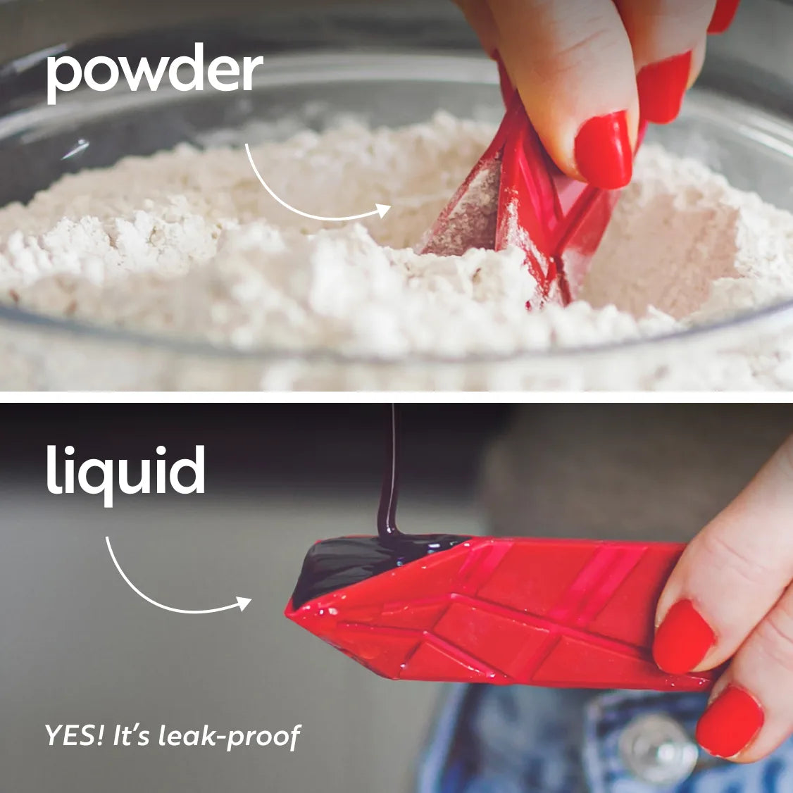 Scooping flour and holding liquid without leaking