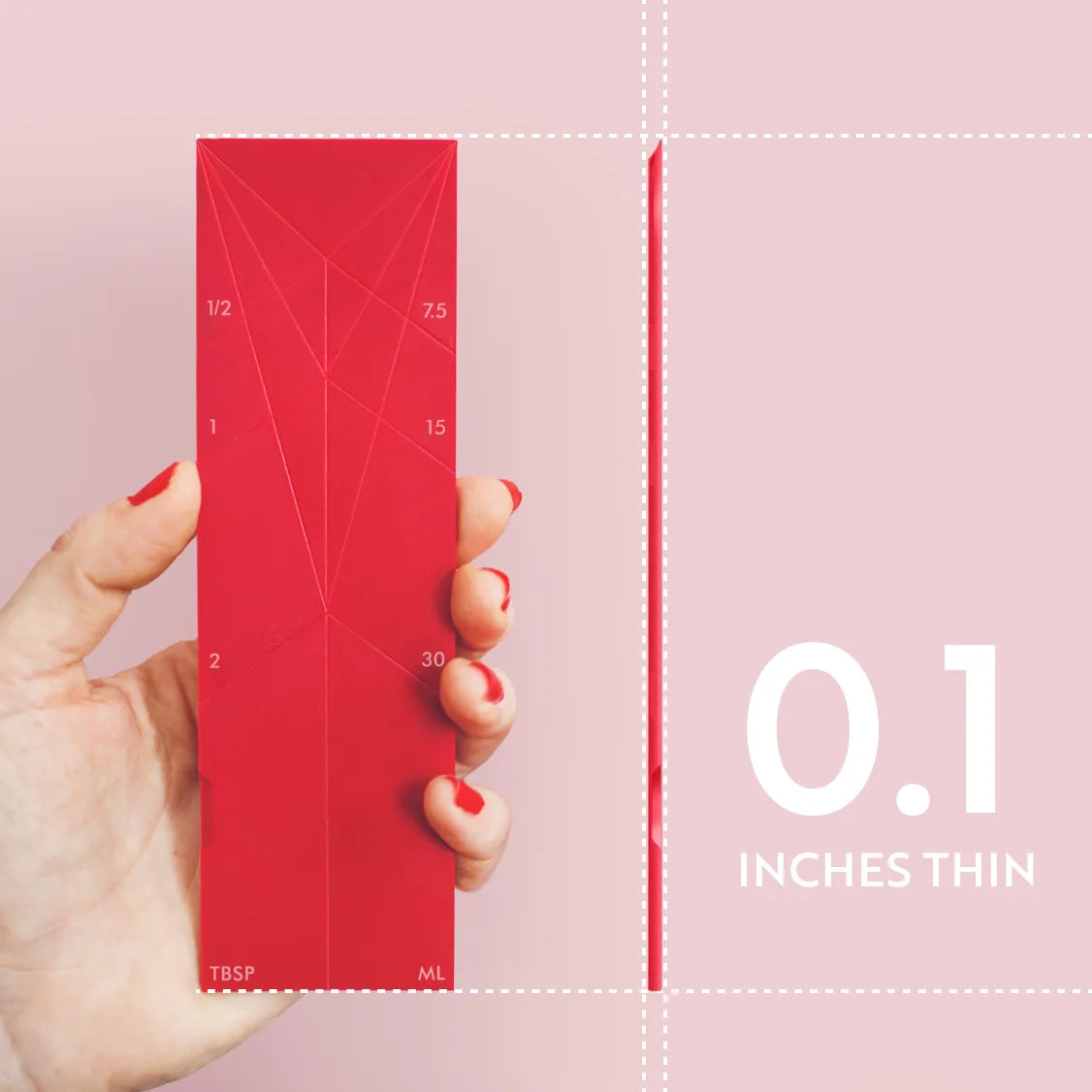 The tablespoon held up next to its 0.1 inch profile